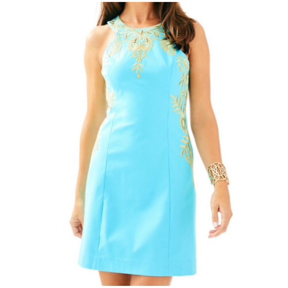 Lilly Pulitzer Tina Shift Dress Blue Ibiza Gold Embroidered Sleeveless size 2